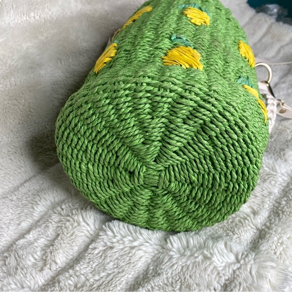 Anthropologie Raffia Green Woven Bucket Bag with Lemon Fruit Embroidery - Picture 8 of 16